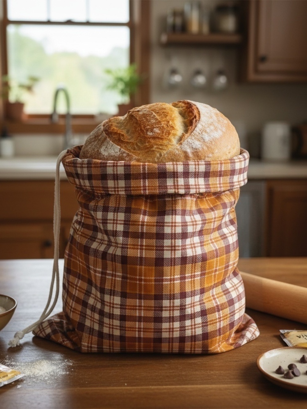 Fall Plaid Cotton Sourdough Bread Bag, Autumn Reusable Bread Storage Bag